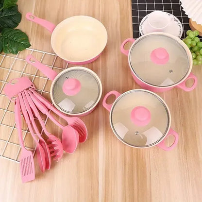 SET DE OLLAS Y JUEGO DE UTENCILIOS DE COCINA 13PZ ROSADA